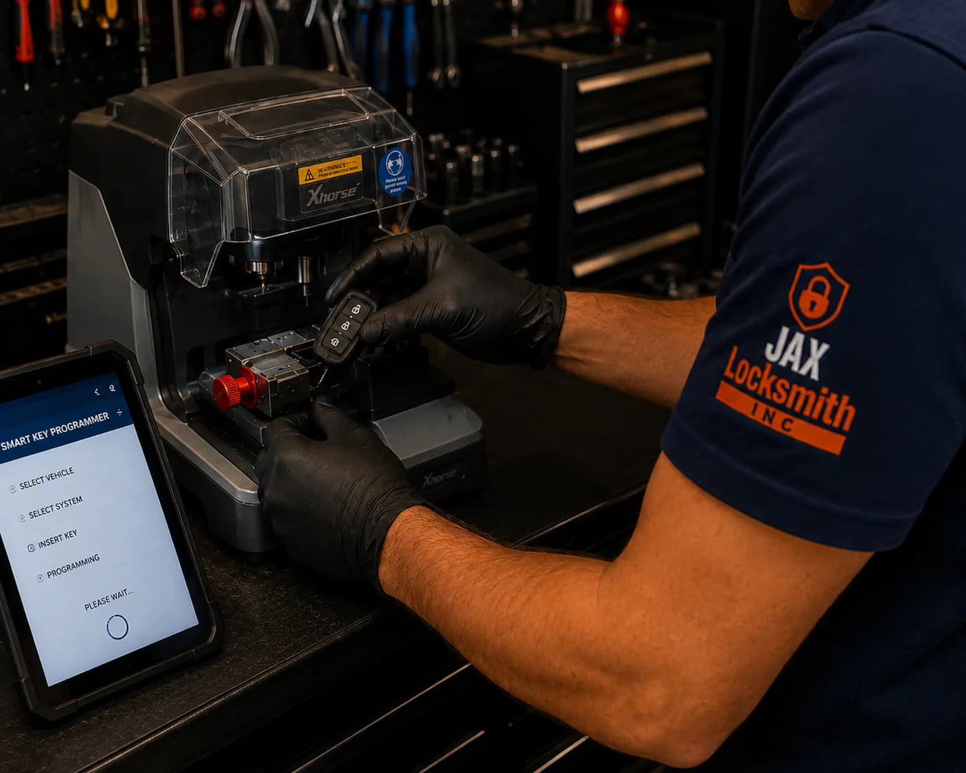 Automotive locksmith programming a smart car key