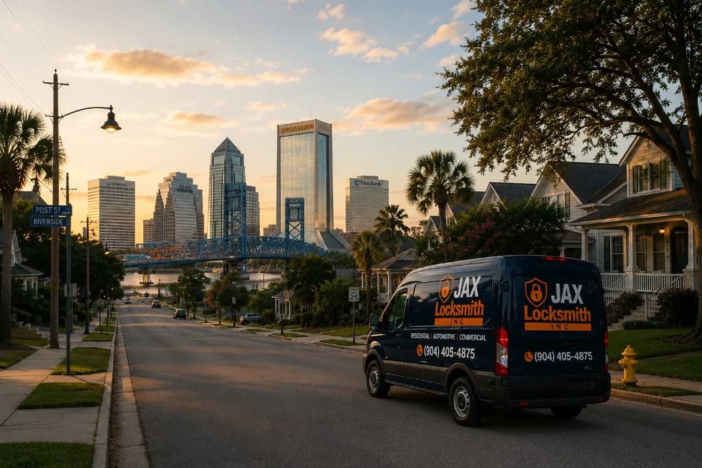 JAX Locksmith Inc. mobile service van on a Jacksonville street for commercial locksmith calls