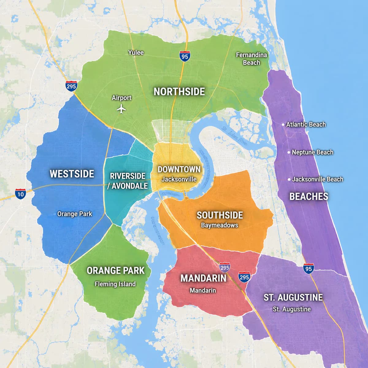 Map of Jacksonville, Florida service areas including Downtown, Beaches, Mandarin, Northside, and Westside