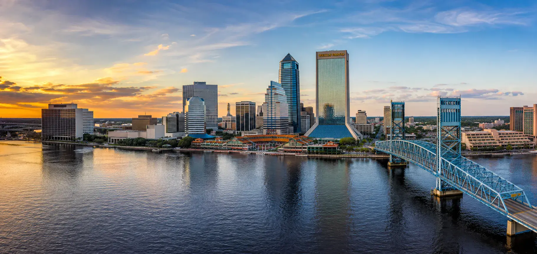 Panoramic view of the Jacksonville downtown skyline and St. Johns River at sunset