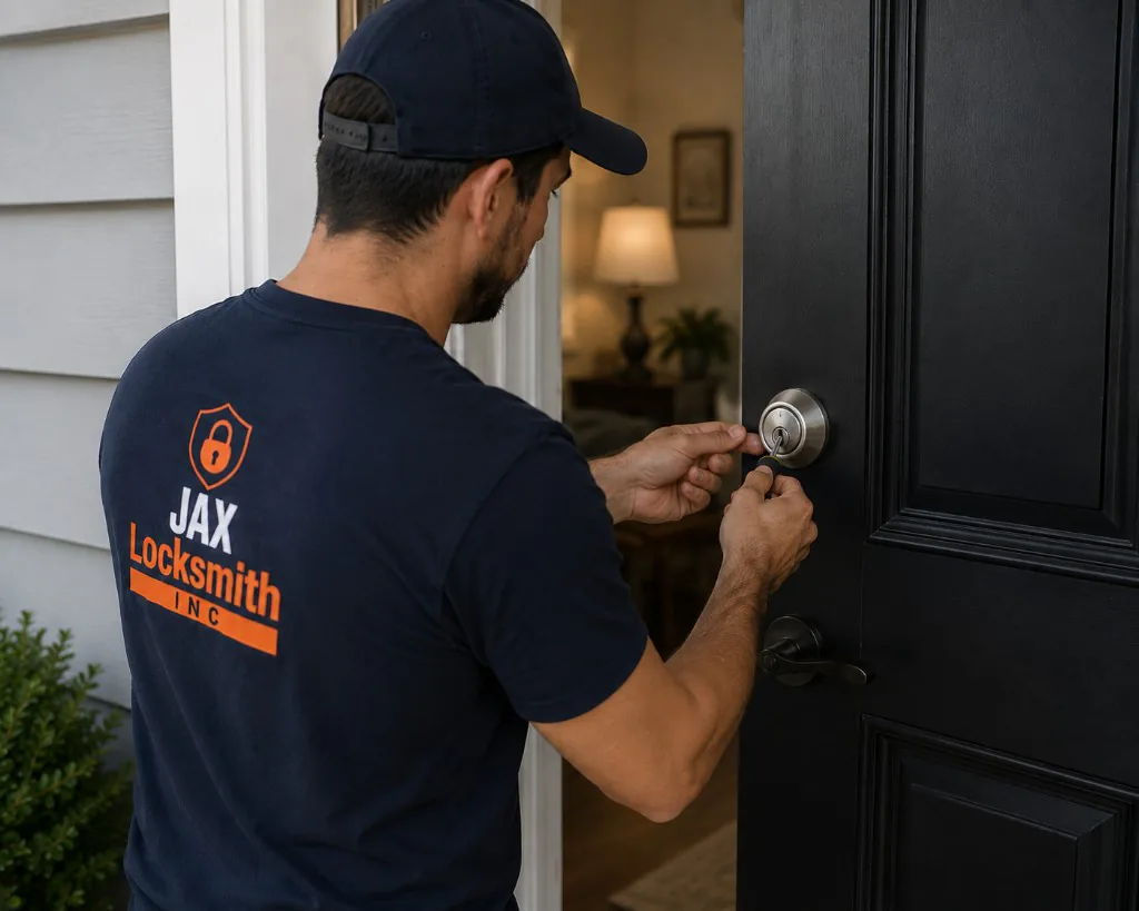 JAX Locksmith Inc. technician installing a deadbolt lock on a residential front door in Jacksonville