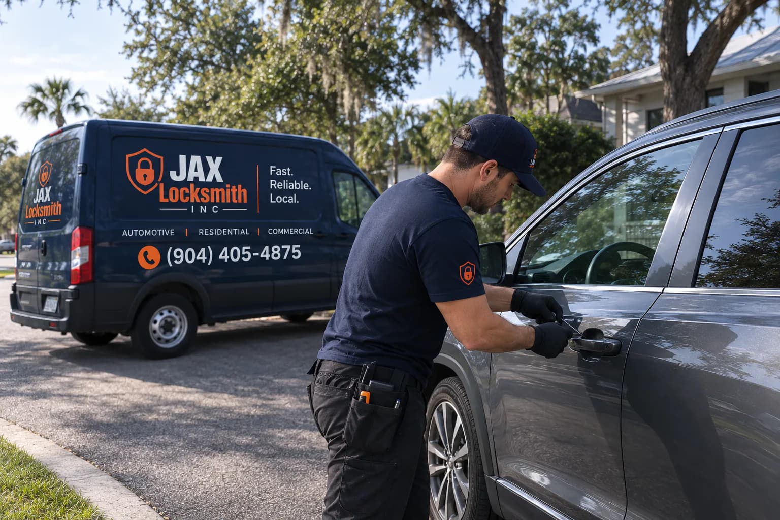 JAX Locksmith Inc. technician providing mobile service at a customer's vehicle